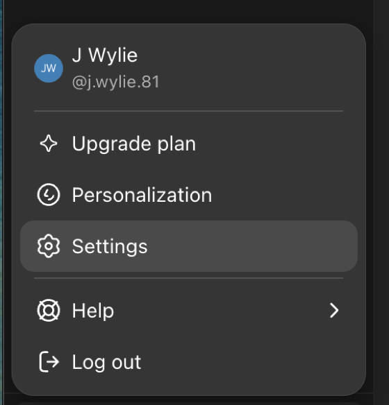 ChatGPT profile menu with Settings highlighted