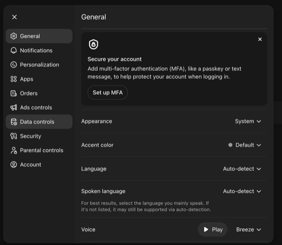 ChatGPT Settings showing Data controls in sidebar