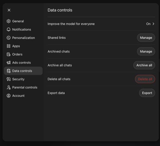 ChatGPT Data controls page with Export button