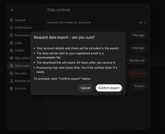 ChatGPT export confirmation dialog